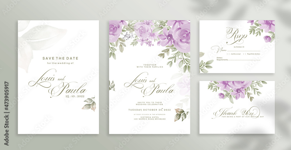 Wedding Invitation Set with Green and Pink Flower