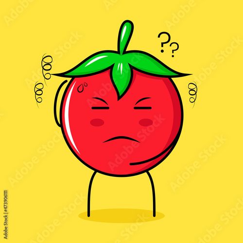 cute tomato character with thiking expression  one hand on head and close eyes. green  red and yellow. suitable for emoticon  logo  mascot