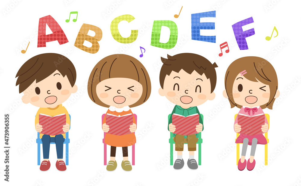 椅子に座って英語の勉強をする子供たち 椅子に座って英語の勉強をする子供たち