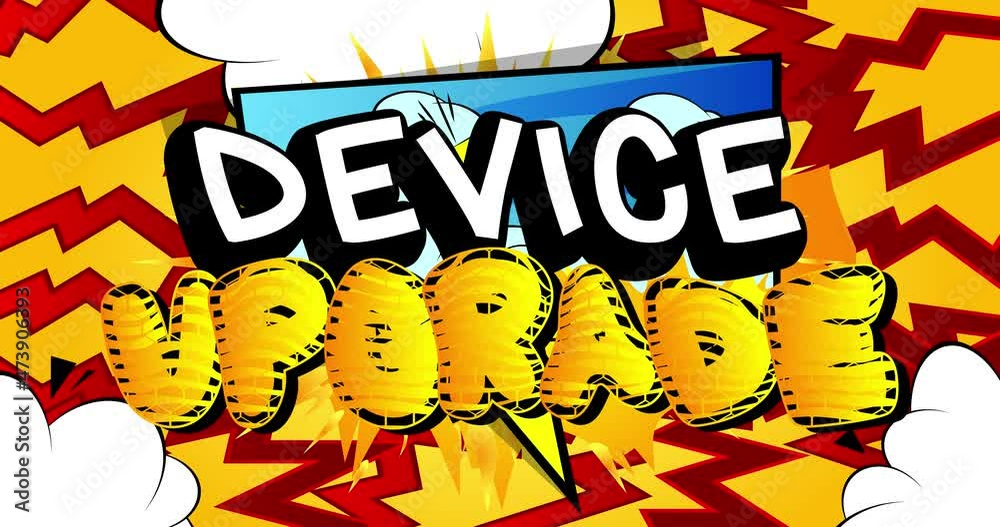 Device Upgrade. Motion poster. 4k animated Comic book word text moving on abstract comics background. Retro pop art style.