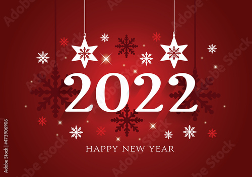 Happy new year 2022 banner on festive red christmas background.