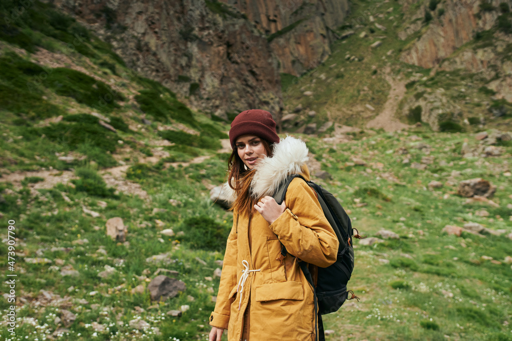 woman hiker with backpack mountains travel adventure freedom woman hiker with backpack mountains travel adventure freedom