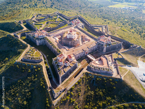 Picturesque aerial view of star fort of La Lippe (Nossa Senhora da Graca Fort) on top of Monte da Graca near Elvas, Portugal photo