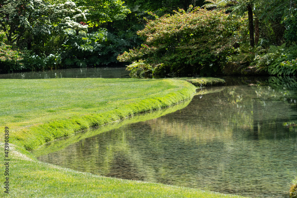 Grass lawn grows to edge of pond