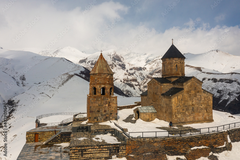 Medieval Trinity Church of Gergeti under Mount Kazbek, Georgia