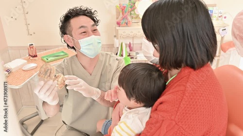 模型を使って子供の患者の指しゃぶりの説明する小児歯科医 photo