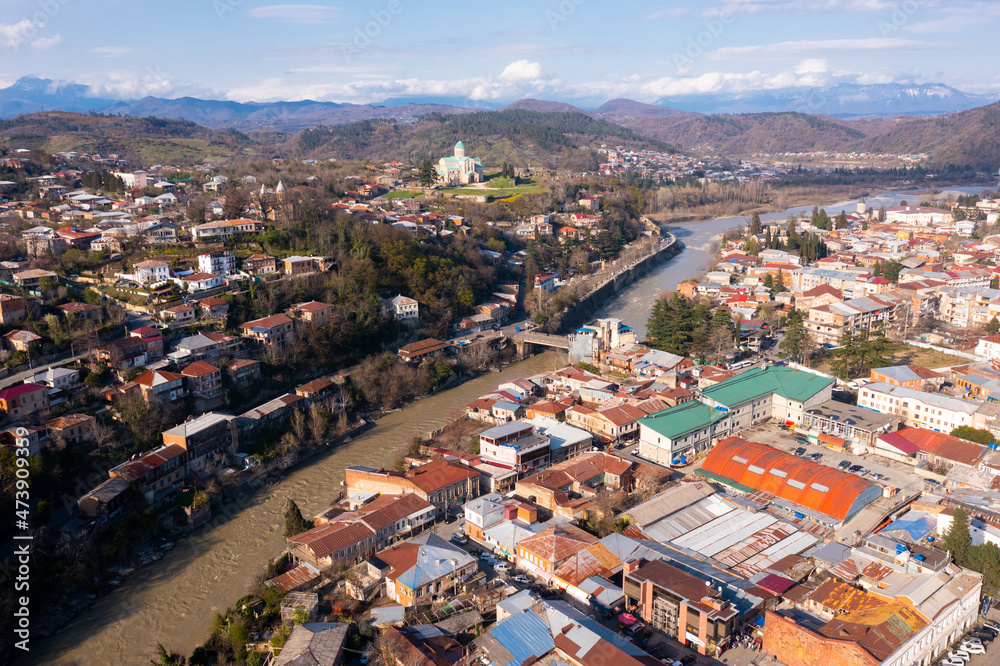 View from drone of Bagrati Cathedral and center of Kutaisi in spring day, Georgia