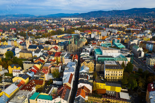 Aerial view of Liberec cityscape with buildings and streets, Czech Republic