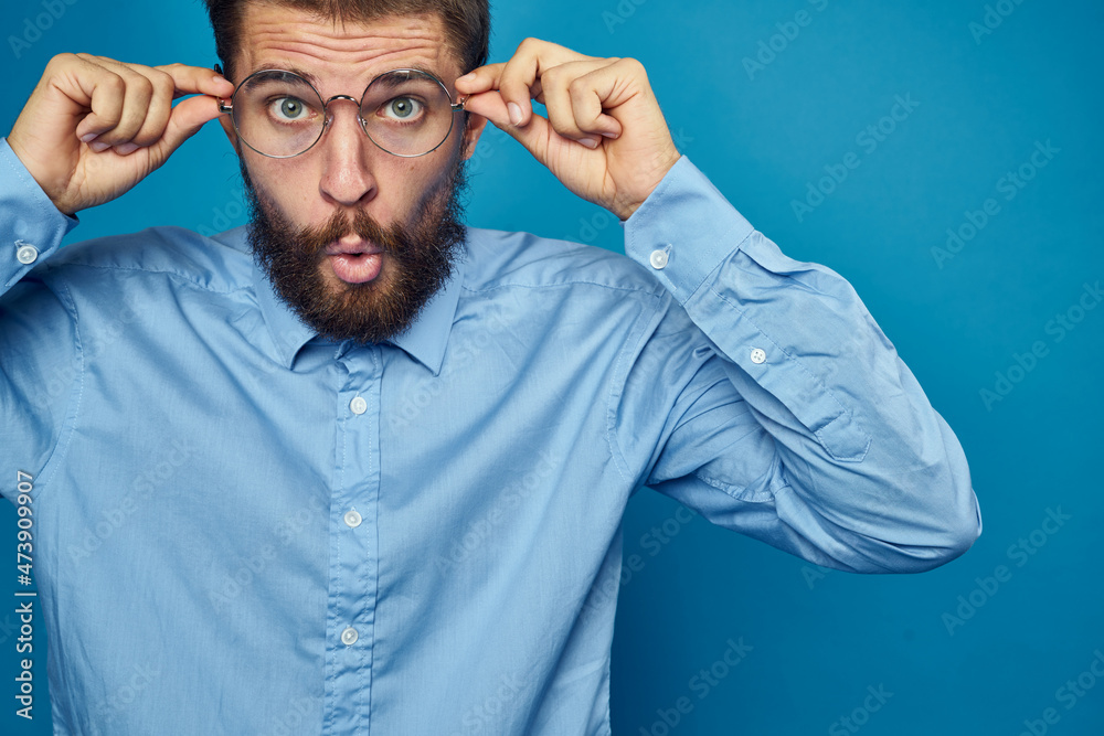 business man with glasses emotions blue background business man with glasses emotions blue background