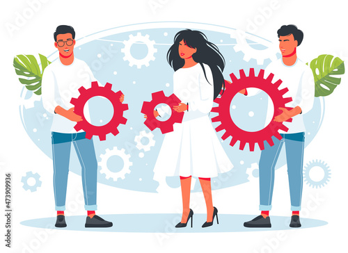 People holding gears from large mechanism, small people links of mechanism, business mechanism, abstract background with gears, people engaged in business promotion, strategy analysis, communication