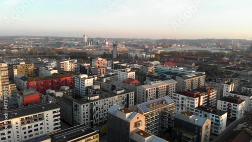 Living apartment building district of Hisingen town in Sweden, aerial drone view photo