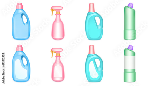 Colored plastic bottles for household chemicals, detergent and cleaners. Vector realistic mockup of 3d blank containers with soap and cleansers for toilet and bath isolated on white background