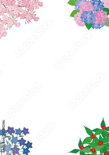 桜、あじさい、桔梗、千両、四季の花草の和風イラストの背景素材
