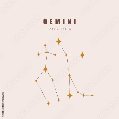 Gemini zodiac constellation. Horoscope vector illustration in boho style. Mystery and esoteric. Spiritual tarot poster. Magic occult and astrology card.
