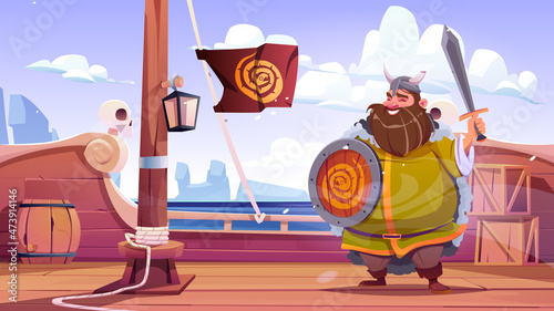 Viking character with sword and shield on wooden deck of boat. Vector cartoon illustration of medieval scandinavian warrior in horned helmet on drakkar. Man viking on wooden ship in sea