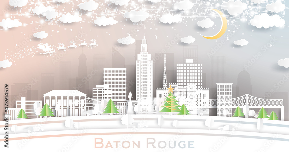 Fototapeta premium Baton Rouge Louisiana City Skyline in Paper Cut Style with Snowflakes, Moon and Neon Garland.
