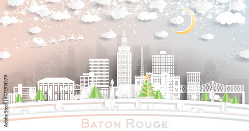 Baton Rouge Louisiana City Skyline in Paper Cut Style with Snowflakes, Moon and Neon Garland.