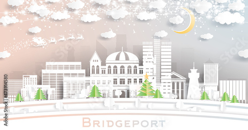 Bridgeport Connecticut City Skyline in Paper Cut Style with Snowflakes, Moon and Neon Garland.