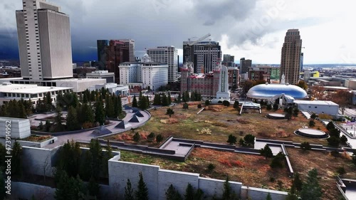 AERIAL - Gardens above the LDS Conference Center in Salt Lake City, Utah, forward photo