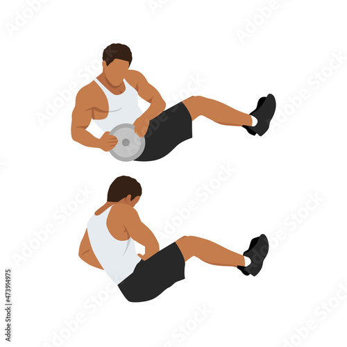 Man doing man twists exercise. Abdominals excercise flat vector illustration isolated on white background