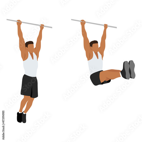 Man doing hanging leg raises to bar flat vector illustration. Abdominals exercise isolated on white background