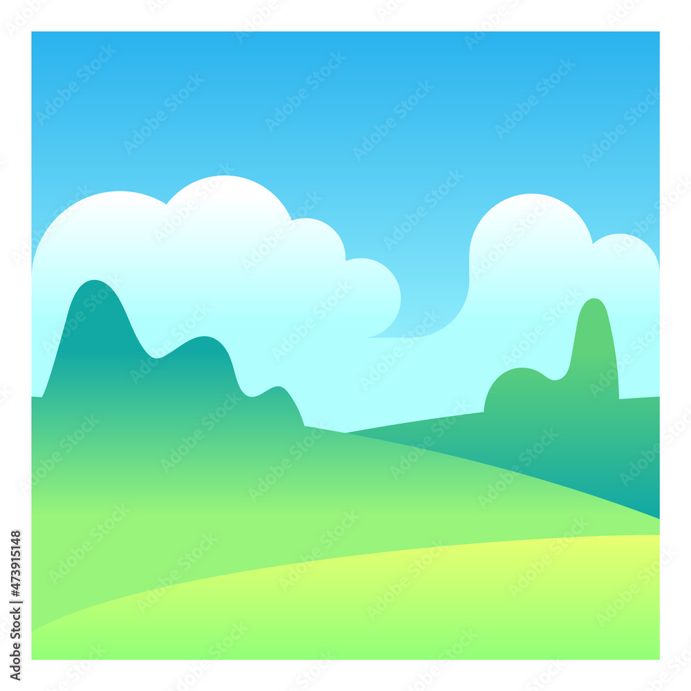 Daylight landscape. Green hills and blue sky with clouds