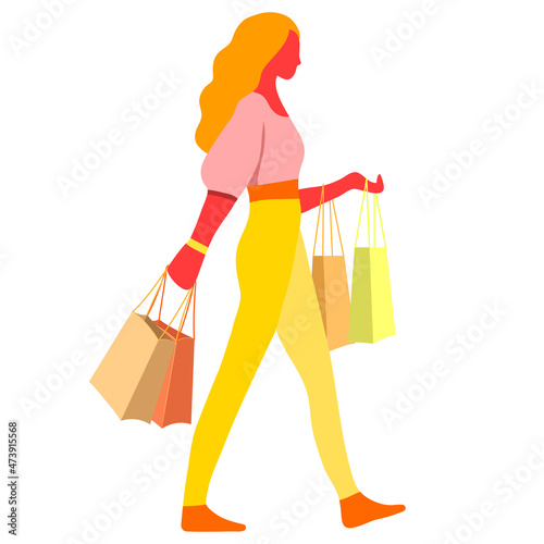 Woman walking with handbags, shopping, fashionista in the store. A girl on sale buying things. Isolated graphic. Vector illustration in bright summer colors