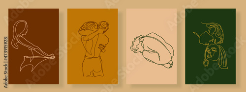 Continuous line of men and women show their love, kiss Valentine's Day Love Thailand vector illustration, hand-drawn lines, simple wedding couples.