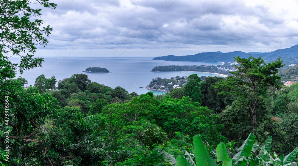 Fototapeta premium Kata Beach, Kata Noi beach Phuket with beautiful blues and Greens, turquoise oceans islands mountains boats trees and beautiful resort island of phuket thailand