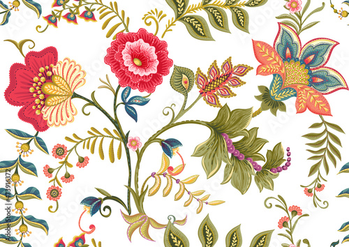 Fantasy flowers in retro, vintage, jacobean embroidery style. Seamless pattern, background. Vector illustration.