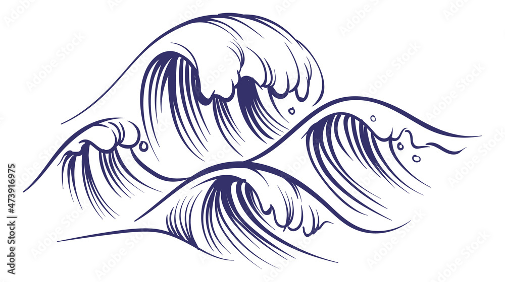 Obraz premium Storm ocean. Big sea waves. Tsunami symbol in sketch style