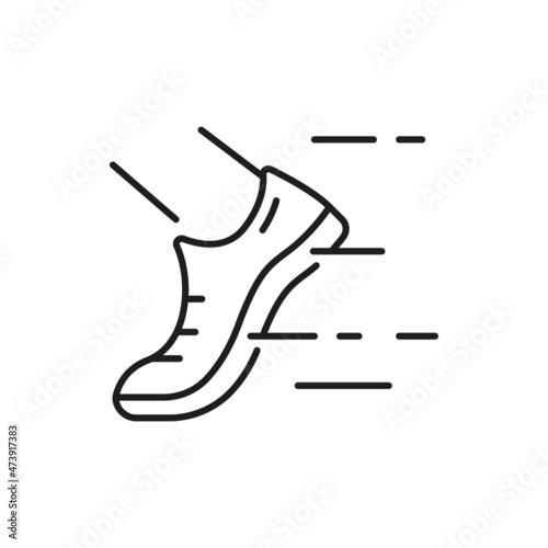 Body exercise outline icon, running leg in sneakers thin line symbol. Weight loss icon, vector healthy lifestyle outline pictogram. Weight control sign or weight loss symbol with foot in sport shoes