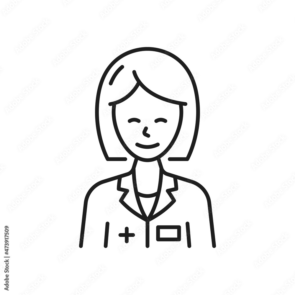 Doctor or nurse outline icon, medical service professional thin line sign. Medicine clinic, health care or emergency service woman doctor vector symbol. Healthy lifestyle nutritionist pictogram Doctor or nurse outline icon, medical service professional thin line sign. Medicine clinic, health care or emergency service woman doctor vector symbol. Healthy lifestyle nutritionist pictogram