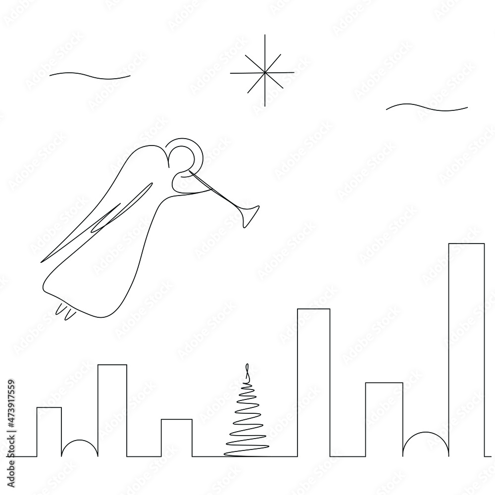 Christmas background with star, angels and city night landscape vector illustration