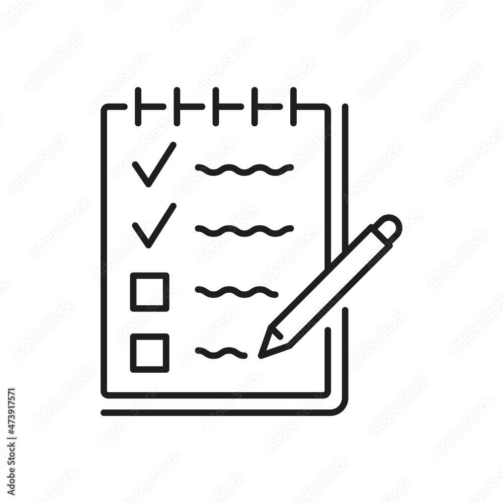 Checklist or schedule outline icon, plan or reminder thin line symbol. Diet and healthy lifestyle planning minimalistic sign, task management and to do list vector symbol with notebook and pen Checklist or schedule outline icon, plan or reminder thin line symbol. Diet and healthy lifestyle planning minimalistic sign, task management and to do list vector symbol with notebook and pen
