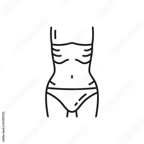 Weight control outline icon, skinny woman waist thin line pictogram. Bulimia, anorexia or eating disorders problem vector pictogram. Healthy nutrition and dieting icon or weight control symbol