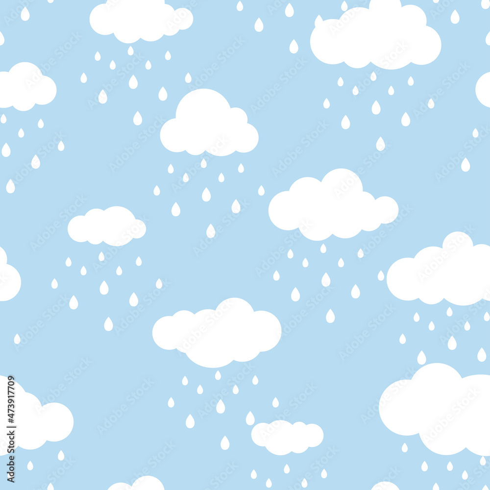 Seamless background with white clouds and raindrops on blue sky