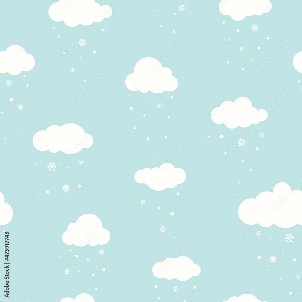Winter Seamless pattern with white clouds and flat snowflakes and dots on blue sky. Winter Seamless pattern with white clouds and flat snowflakes and dots on blue sky.