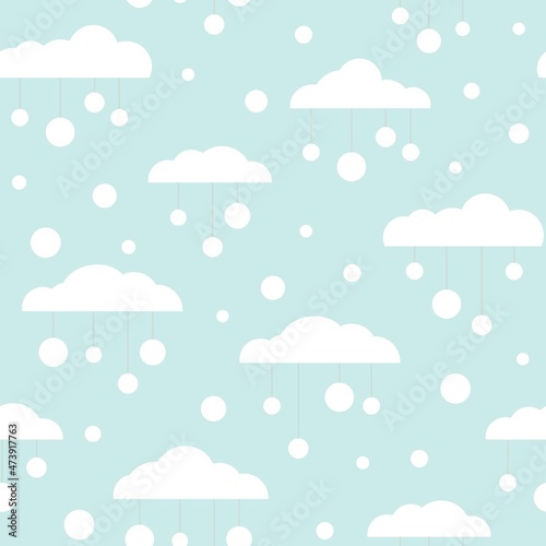 Winter Seamless pattern with white clouds, snow balls and dots on blue sky.