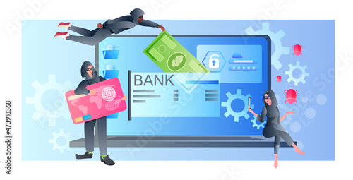 hackers breaking online banking app robbers in masks stealing money internet wallet under attack bad protection