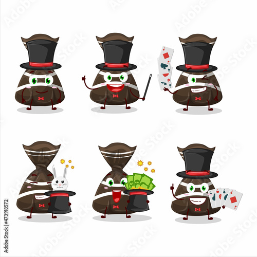 A chocolate candy wrappers Magician cartoon character perform on a stage