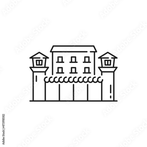 Police administration building isolate prison jail thin line icon. Vector government institution, supreme courthouse, city museum. Police justice legal house, court judgment prison with towers