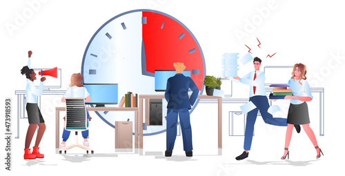 mix race overworked businesspeople working in office deadline teamwork time management concept