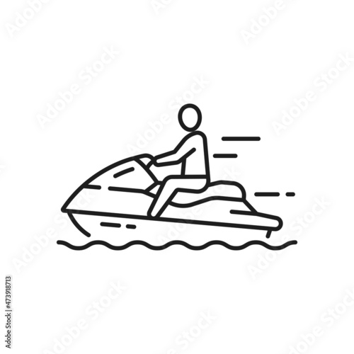 Man riding on water bike, scooter isolated outline icon. Vector summer voyage cruise transportation marine transport. High-speed jet ski, speed power water motorcycle bike, floating on sea waves