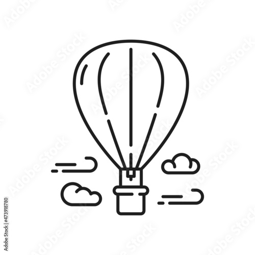 Hot air balloon flying in clouds isolated outline icon. Vector sky with aerostate, leisure sport activity. Amusement park playground funfair entertainment, flights on air balloon, parcel on parachute