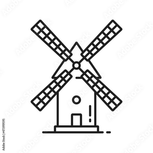 German landmark retro windmill isolated outline icon. Vector rural countryside traditional Dutch stone mill, Netherland wooden windmill, Holland building for millstones grain, flour, bread processing