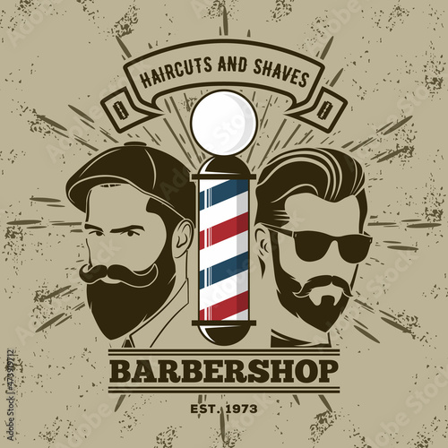 Barbershop logo, poster or banner design concept with barber pole and bearded men. Vector illustration	