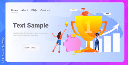 successful businesspeople with golden trophy cup investment earning finance success concept