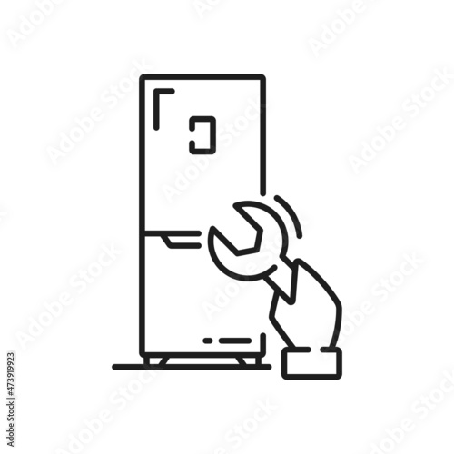 Refrigerator repair, wrench in hand isolated outline icon. Vector fridge and element of fix. Household appliance, freezer and cooling system repair by adjustable wrench, condenser replacing
