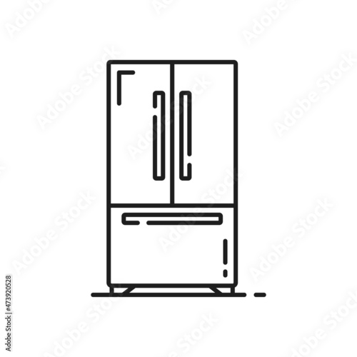 Double fridge, refrigerator with side-by-side door and down shelf freezer isolated outline icon. Vector industrial fridge showcase with three doors. Kitchen home household equipment, house appliance